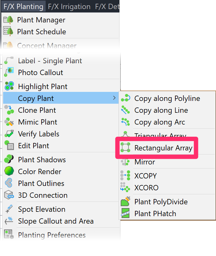 F/X Planting menu, Rectangular Array option